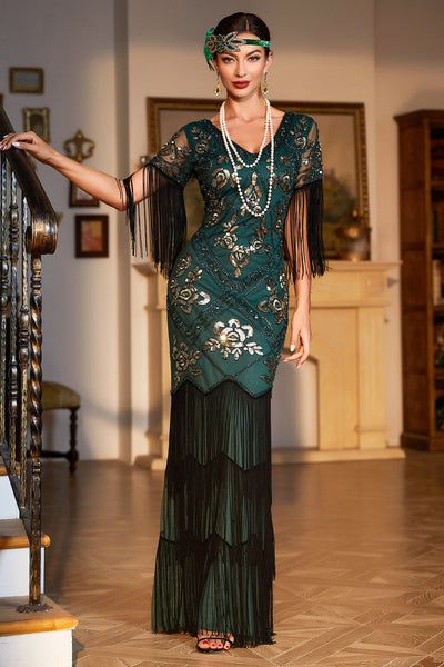 1920s Formal Dress, 1920s Prom Dress, Black 1920s Dress, Roaring 20s Party Dress, 1920s Inspired Dresses, Black Flapper Dress, Long Sleeve Vintage Dresses, Great Gatsby Dresses, Fringe Flapper Dress