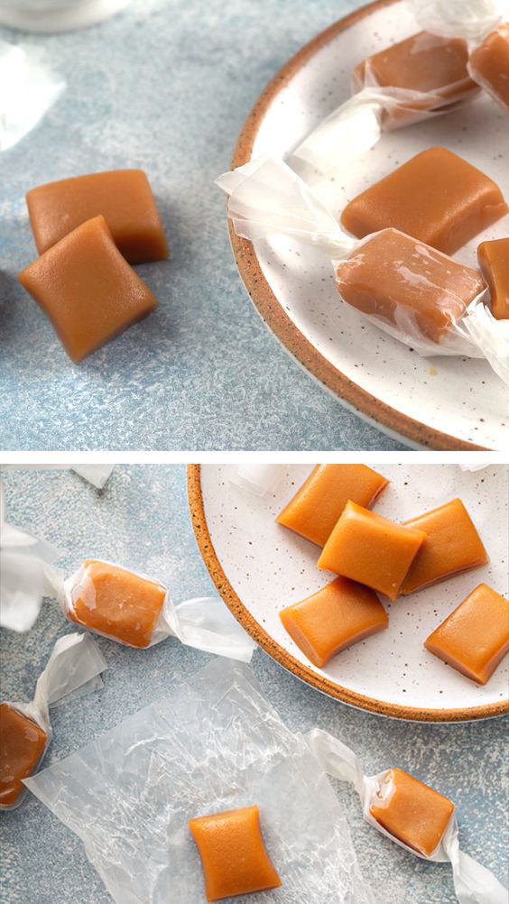 there are several pieces of caramel on the plate and one is cut into cubes