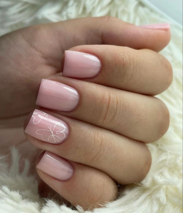 Short Gel Nail Designs Butterfly, Cute Simple Butterfly Nails, Short Acrylic Nails Designs Pink Butterfly, Short Butterfly Nail Designs, Normal Nails Design Short, Light Pink Nails Butterfly, Gel Polish Nail Designs Butterfly, French Tip And Butterfly Nails, Nail Ring Finger Design