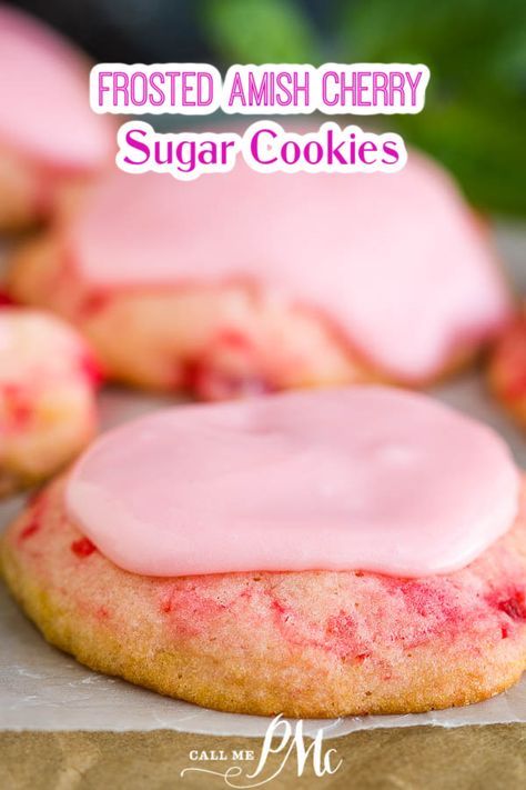 frosted Amish cherry sugar cookies with frosting from Call Me PMc Cherry Sugar Cookies, 3 Ingredients Recipes, Amish Cookies, Cherry Cookies Recipes, Homemade Recipes Dessert, Cherry Cookies, Maraschino Cherries, Cherry Desserts, Cherry Recipes