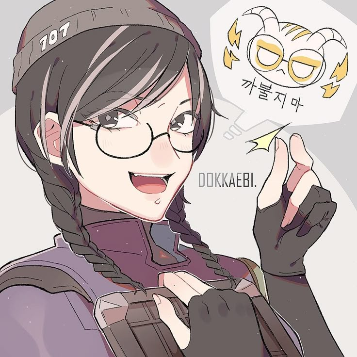 an anime character with glasses and braids holding a cell phone up to her ear