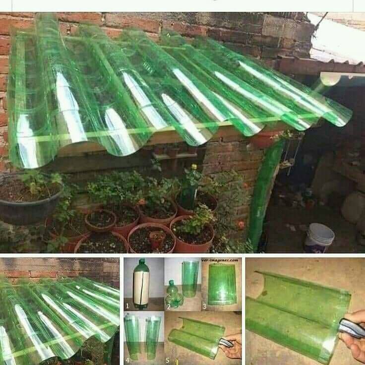 green plastic bottles are being used to build a house in the garden, and then placed on top of each other