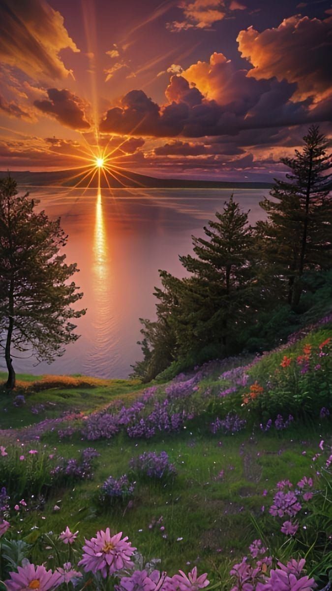 the sun is setting over the water and flowers are blooming in the foreground