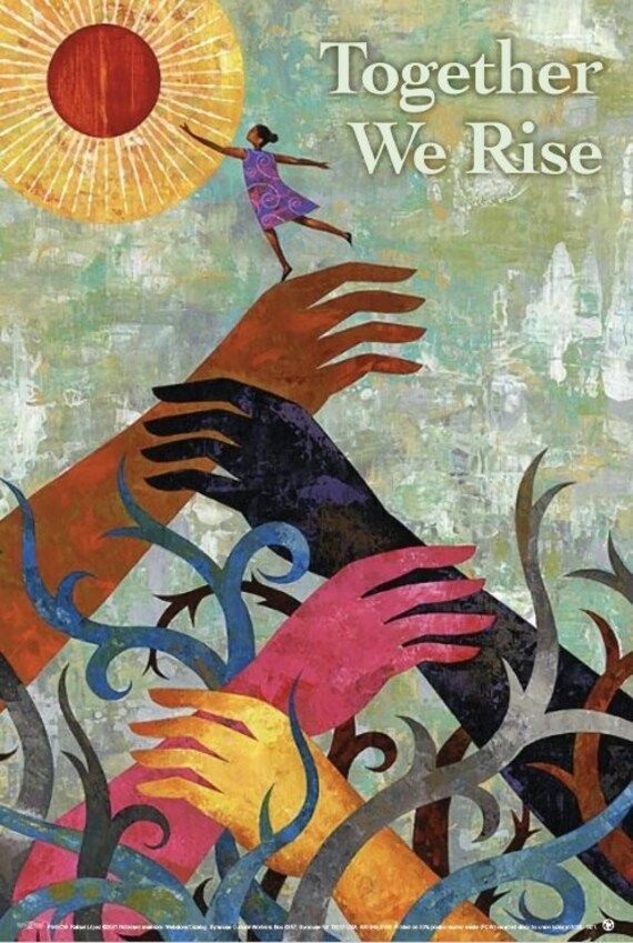 the cover of together we rise, with hands reaching for a sun above it and an image of people holding hands