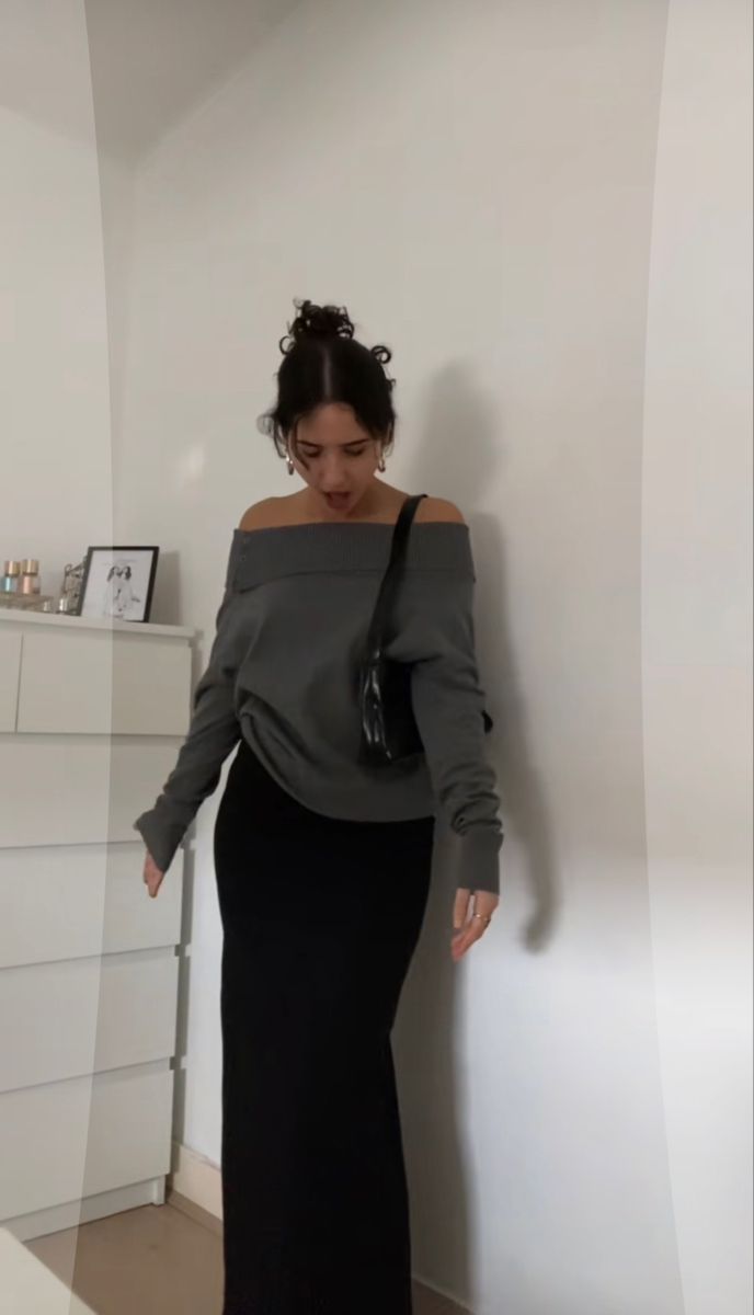 long black skirt grey off shoulder sweater Outfit Inspo With Long Skirt, Long Skirt In Winter Outfit, Off Shoulder And Skirt Outfit, Grey Sweater With Skirt, Long Black Skirt Business Casual, Long Black Hair Outfits, Off Shoulder Winter Outfit, Classy Black Skirt Outfits, Long Black Skirt Outfit Winter Classy