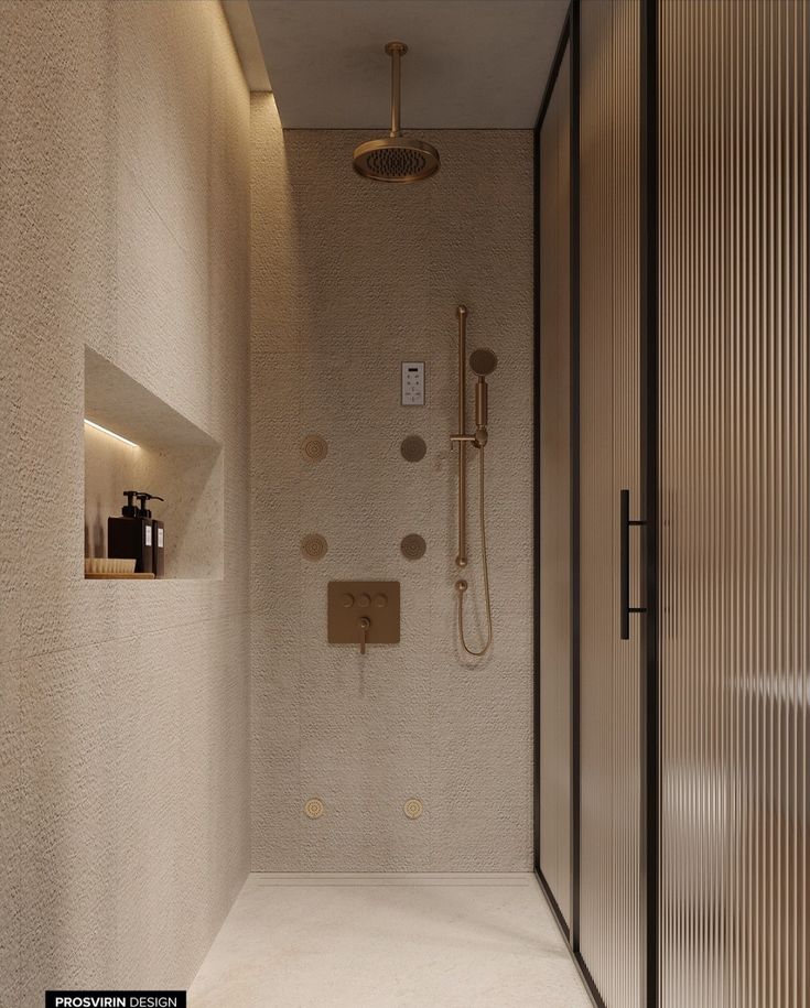 a walk in shower sitting inside of a bathroom