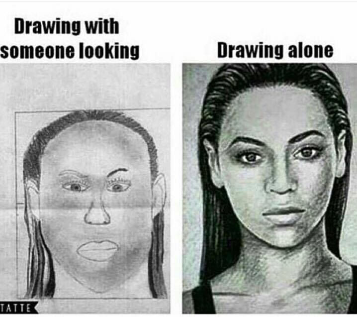 two drawings of women with different facial expressions and the words drawing with someone looking at them