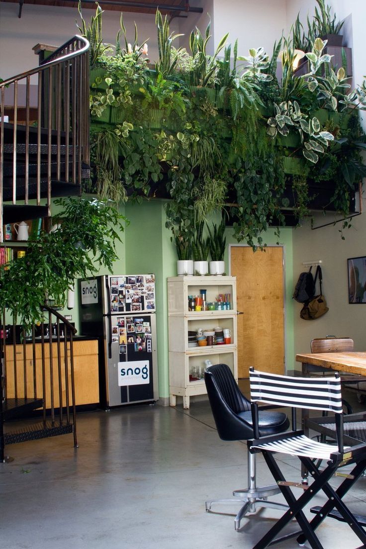 a room filled with lots of plants next to a spiral stair case on the wall