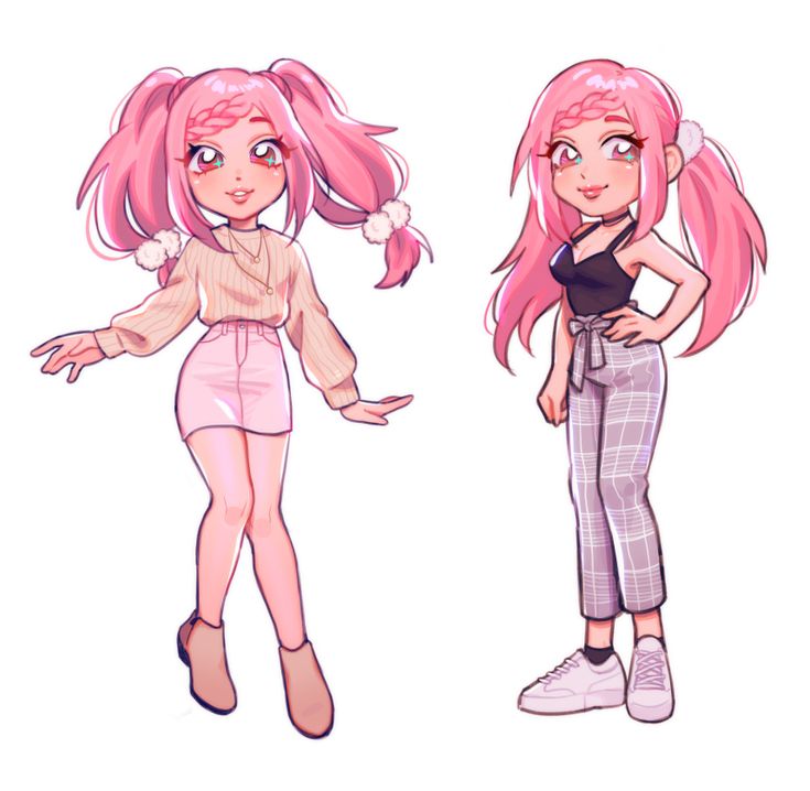 two cartoon girls with pink hair standing next to each other