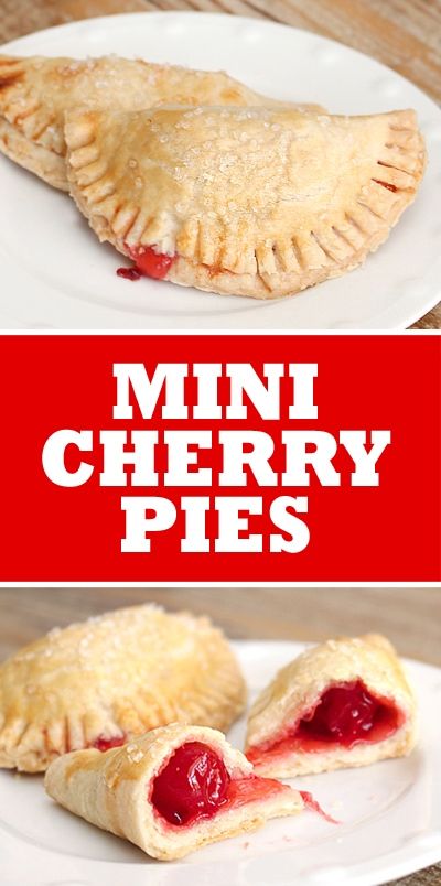 mini cherry pies on a white plate with the words, mini cherry pies