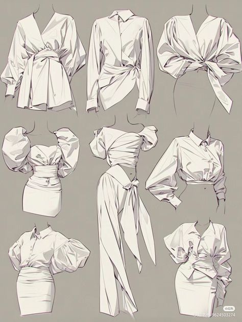 an image of women's blouses and dresses drawn in pencil on white paper