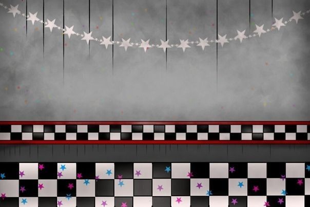 a black and white checkered floor with stars hanging from it's sides in front of a gray background