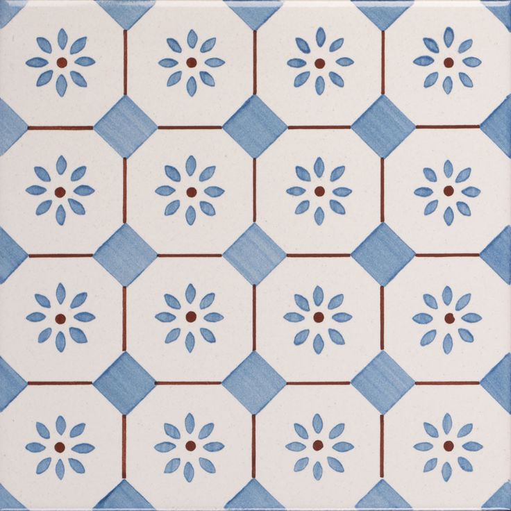 a blue and white tile pattern with flowers on the bottom, in different sizes and colors