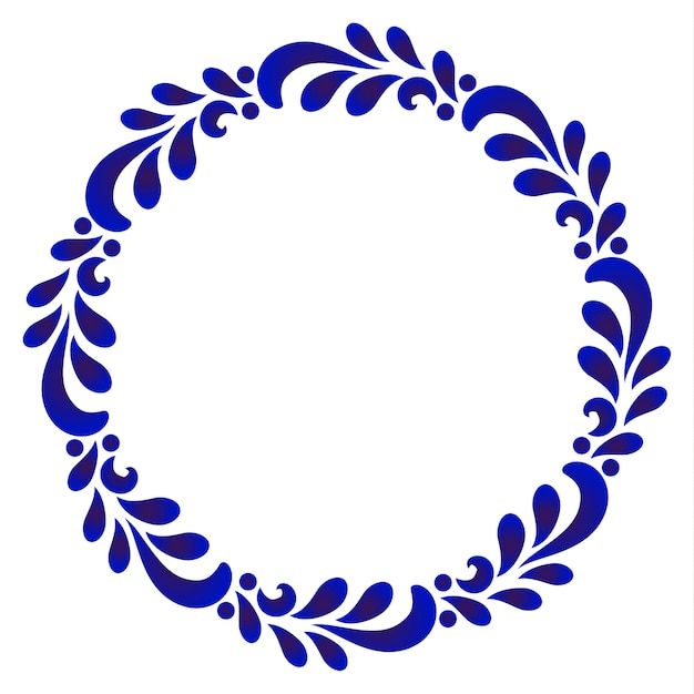 a blue circular frame with leaves on it