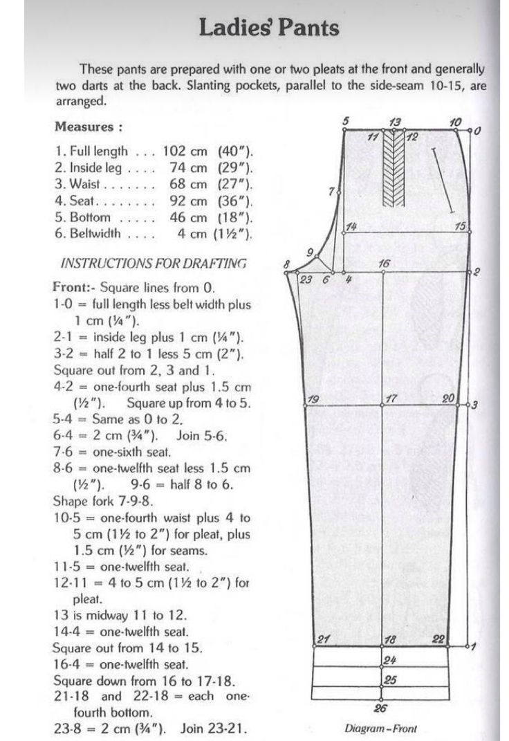 the pattern for ladies's pants is shown with measurements and instructions to make it