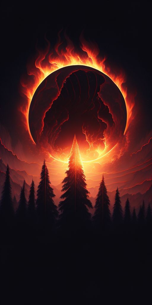 the sun is rising over some trees in front of a black background with red and orange clouds