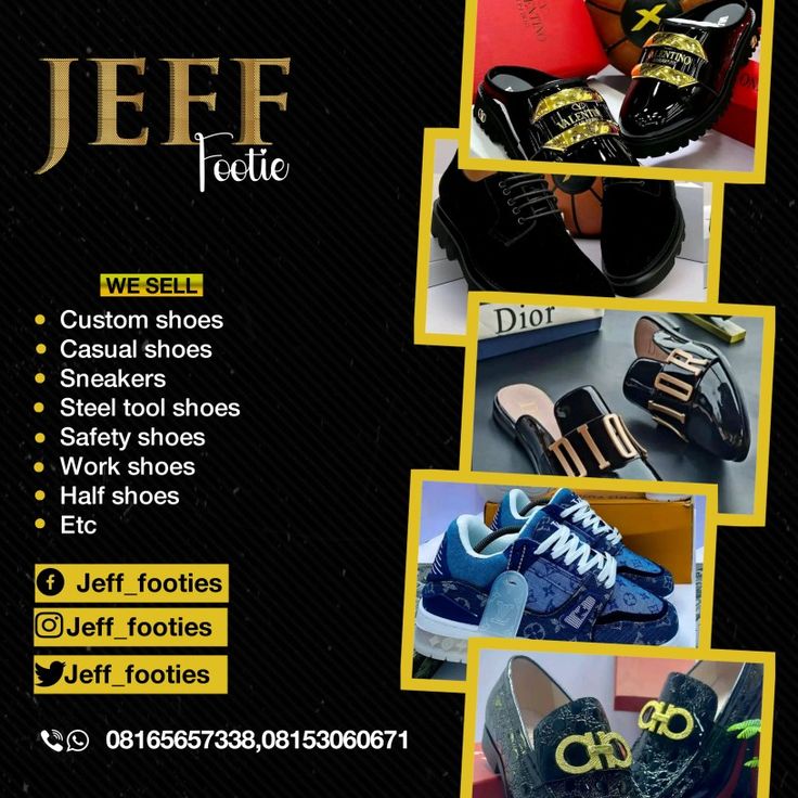 an advertisement for jeff felice shoes with pictures of different styles and colors on it