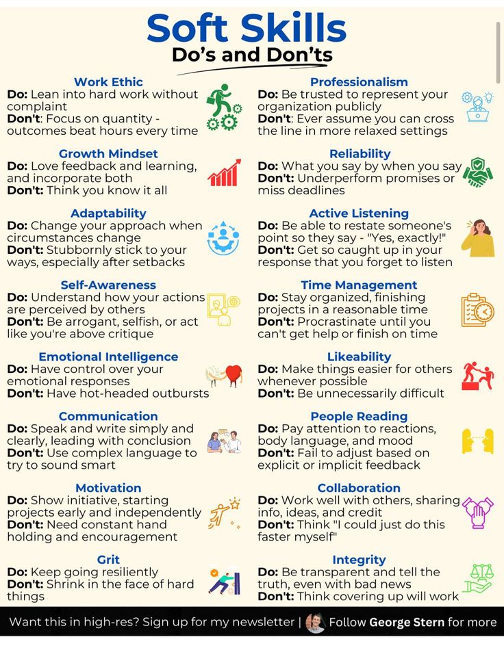 a poster with the words soft skills and don'ts in different languages on it