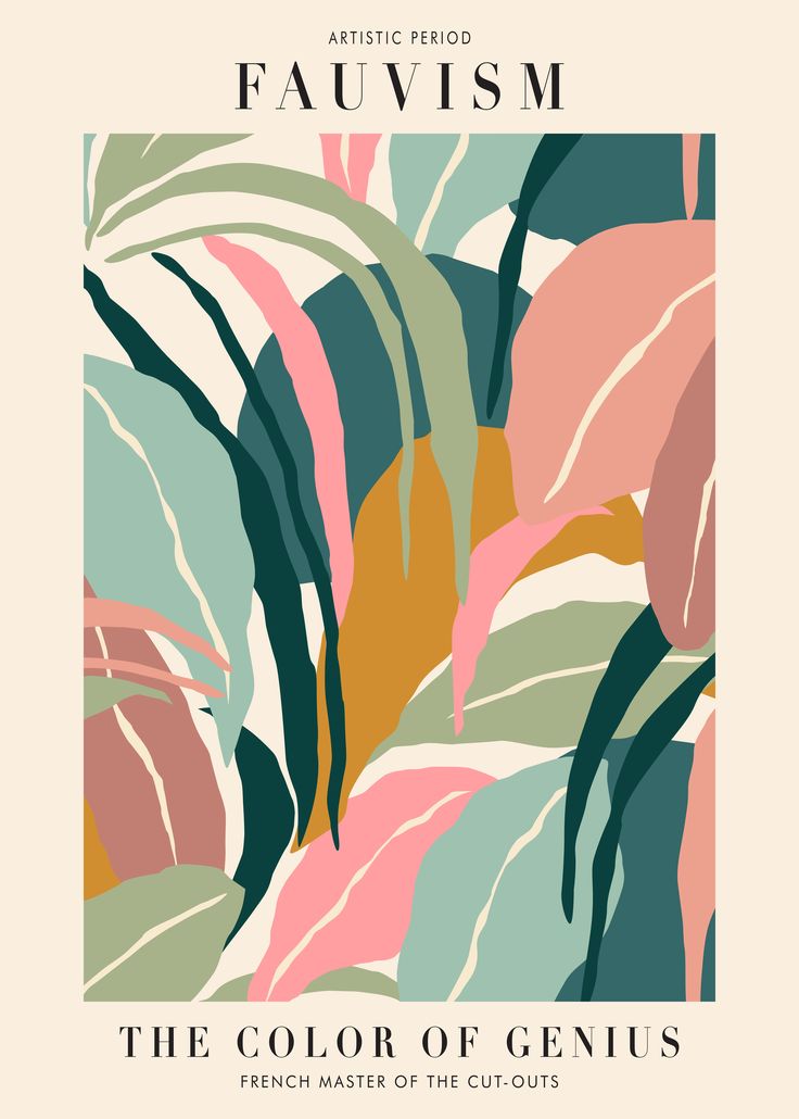 the color of genius poster with leaves and plants in pink, green, yellow and blue