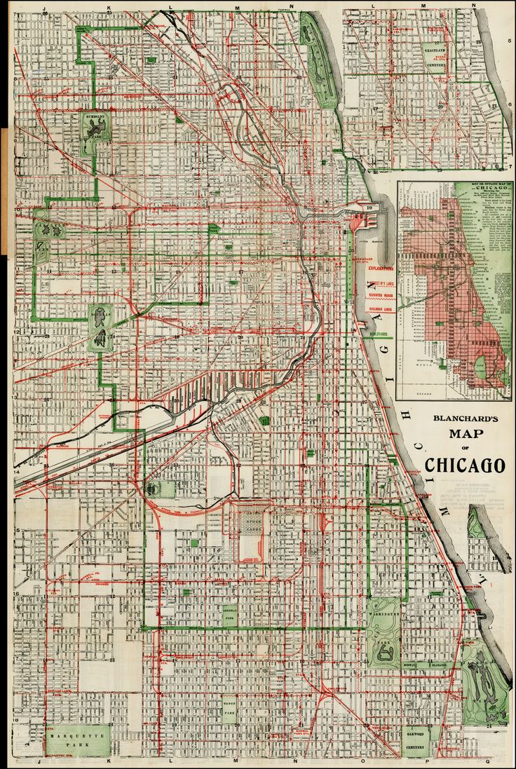 an old map of chicago showing the streets and major roads in red, green, and yellow