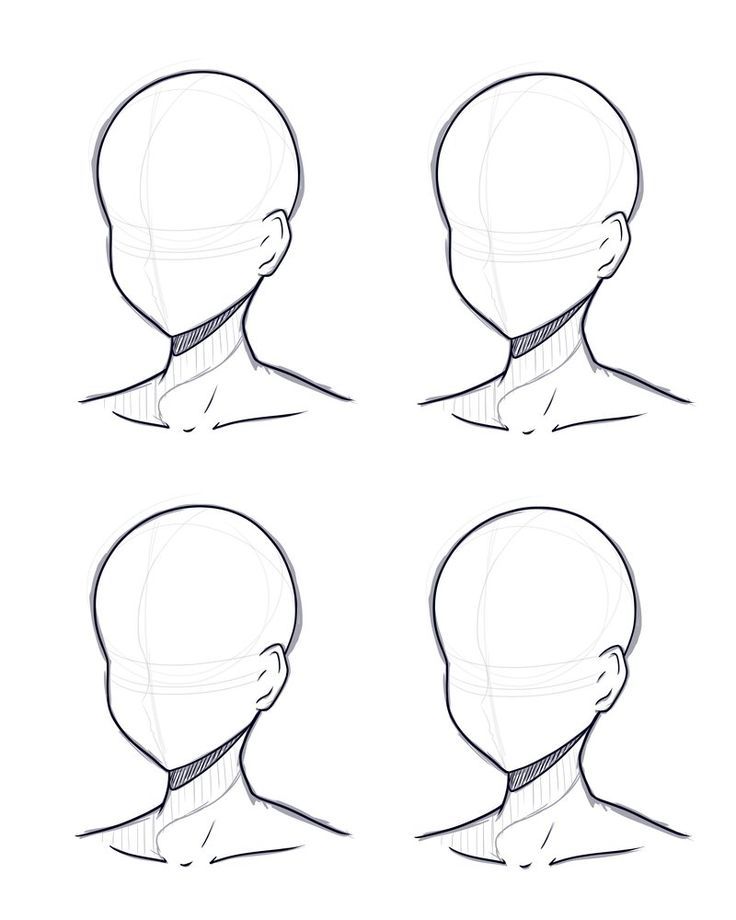 the steps to draw a man's head in three different positions, including the neck and