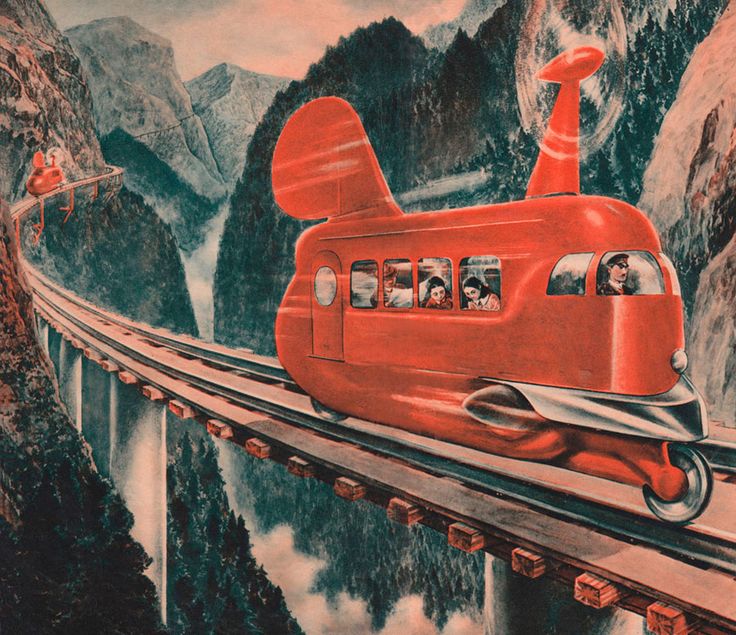 an image of a red train going over a bridge with mountains in the back ground