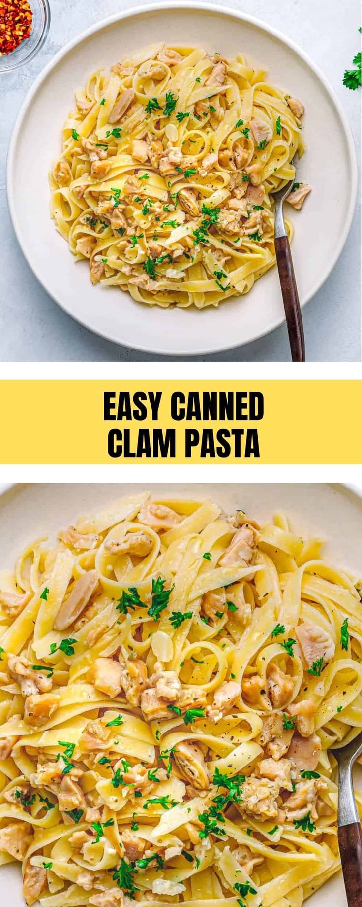 two pictures showing different types of pasta with chicken and parmesan cheese on top