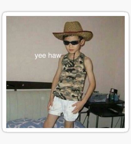 a young boy wearing a hat and sunglasses standing on a bed with the caption yee haw