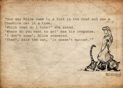 a drawing of a woman walking with a cat in her lap and the caption reads, one day alice came to a fork in the road and saw a chair