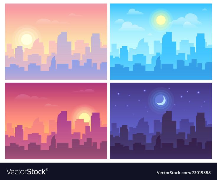 four different cityscapes with the sun setting in the sky and buildings silhouetted against them