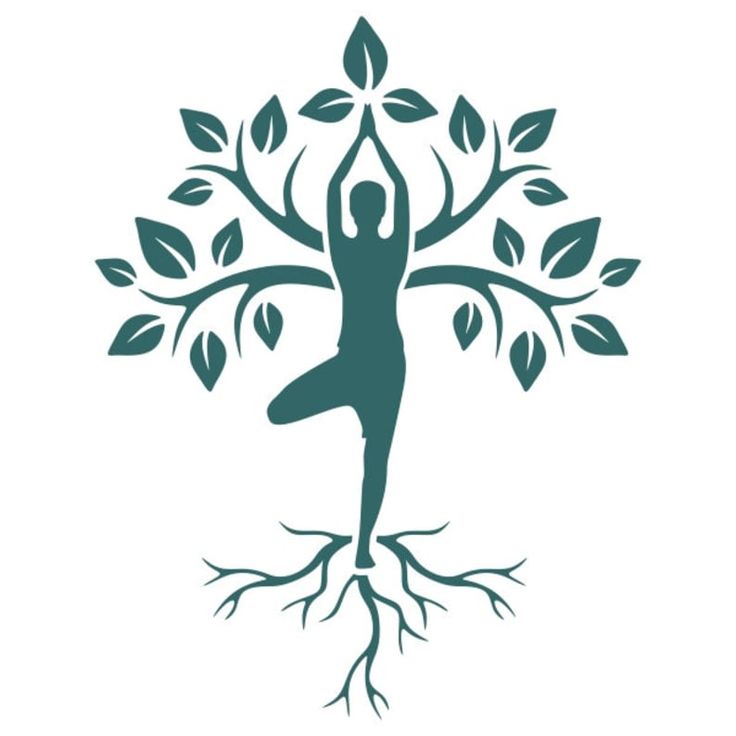 a person doing yoga in front of a tree with leaves and roots on the bottom