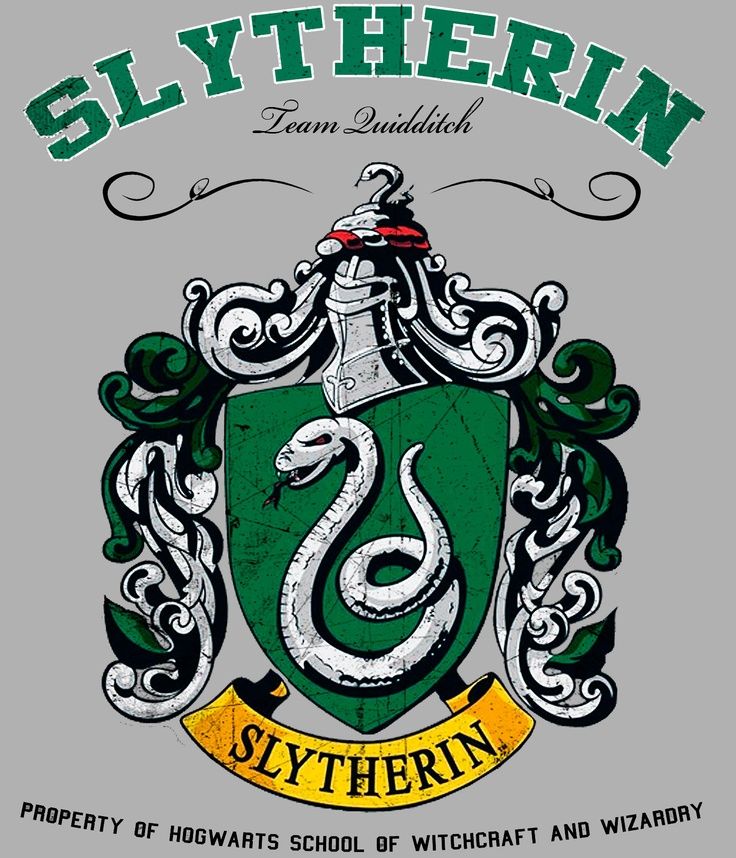 the slytherin crest is shown in green and yellow on a gray background with an emblem