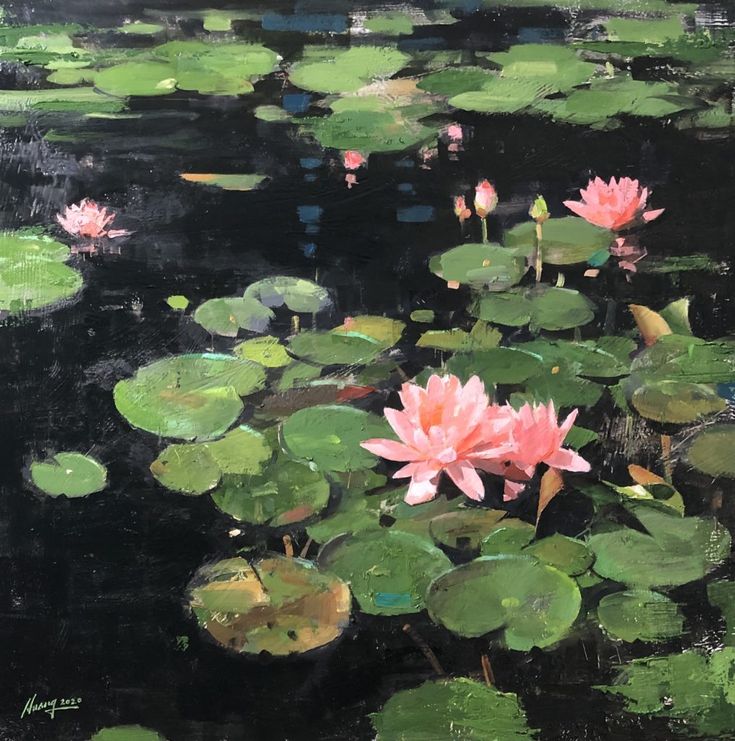 a painting of water lilies and lily pads