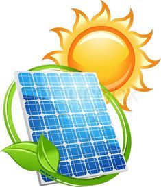 a solar panel with the sun in the background and green leaves around it, on top of a white background