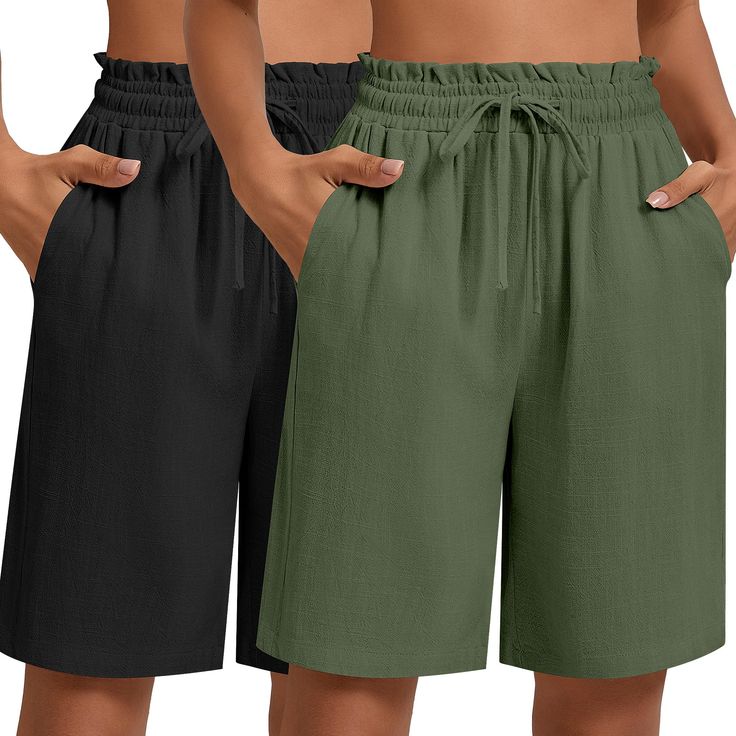 PRICES MAY VARY. 2 Pcs Women's Wide Leg Mid Length Linen Shorts with Pockets: this linen shorts women pack features a drawstring and tie knot front, a ruffle, and high waisted with an elastic waistband, wide and straight leg, and two side deep pockets, flattering your waist and leg proportions All Linen Fabric: these linen shorts are crafted from linen fabric, which is lightweight, breathable, comfortable, and elegant; It is soft against the skin, easy to care for, and does not shrink; They are thin but not see through, cooling and comfy, suitable for all the day wear in spring, summer, and autumn rotation, adding elements to your outfits Can Be Dressy or Casual: these women's elastic waist shorts can be dressed up or down and are suitable for workwear, loungewear, casual wear, streetwear, Summer Linen Knee-length Bermuda Shorts, Casual Knee-length Bermuda Shorts With Drawstring, Casual Knee-length Linen Shorts, Linen Knee-length Bermuda Shorts For Beach, Linen Knee-length Bermuda Shorts With Pockets, Linen Shorts Women, Womens Summer Shorts, Summer Linen, Elastic Waist Shorts