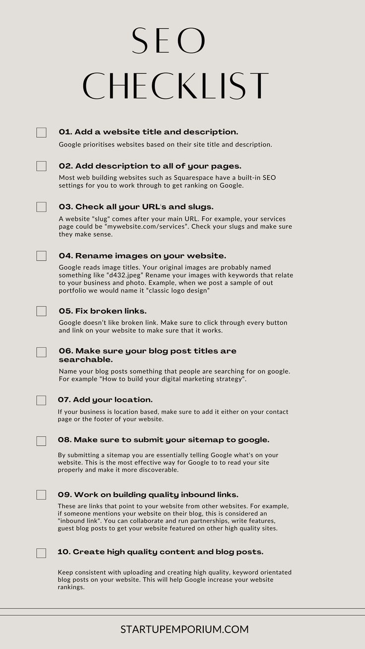 An beige SEO checklist numbered one to ten Brand Launch Checklist, Smma Agency Website, Website Homepage Design Layout, Systemisches Coaching, New Website Launch, Website Checklist, Seo Checklist, Seo Website Design, Website Planning