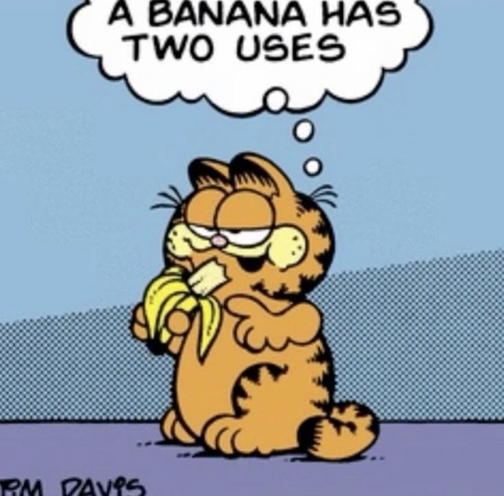 a cartoon cat sitting on the ground with a banana in its mouth and thought bubble above it