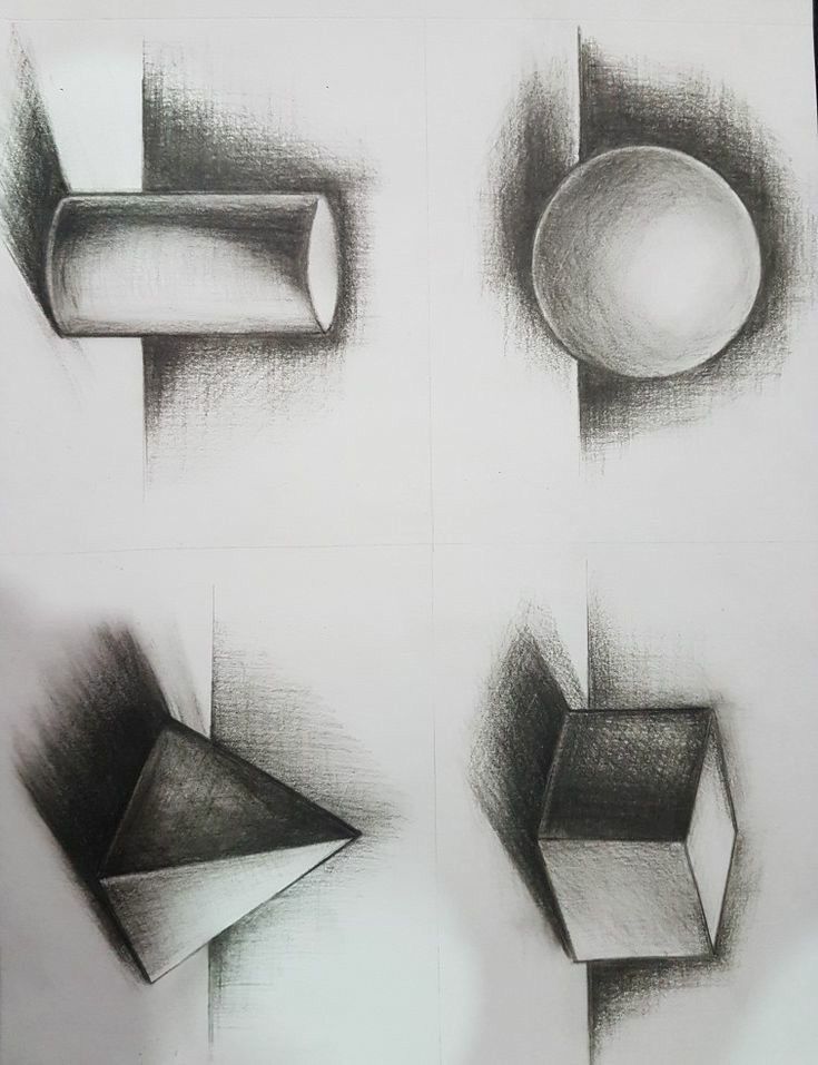 four different shapes are shown in black and white ink on paper, each with an object drawn