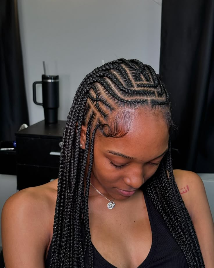 Freestyle Tribal Braids 😍😍😍 So pretty 🤭 , this can be booked up under “ tribal / fulani braids “ ! can be done with either twist or knotless ! - September Bookings are open , Press “ Book Now “ To Book !🧚🏽‍♀️ - Don’t miss out for the special coming up for september 🍒 Hairstylist : @slayedbynyah ⭐️ - #atlbraider #atlhairstylist #atlbraids #tribalbraids #tribalbraidstyle #knotless #atlknotlessbraids #atlknotless #atlknotlessbraider #southfultonbraider #knotlessatl #feedinbraidsatlanta #feedinb... Feedin Knotless Box Braids, Knotless With Cornrows, Versatile Tribals With Knotless Braids, Fulani Twists Hairstyles, Knotless Braids With Design, Hairstyles For Braids Ideas, Tribals With Knotless Braids Bohemian, Tribals With Knotless Braids Hairstyle, Cornrow With Braids