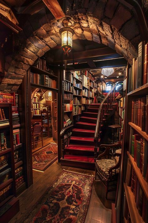 the stairs are lined with books and rugs