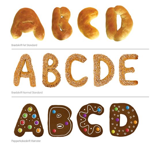 the letters are made up of different types of breads and pretzel shapes