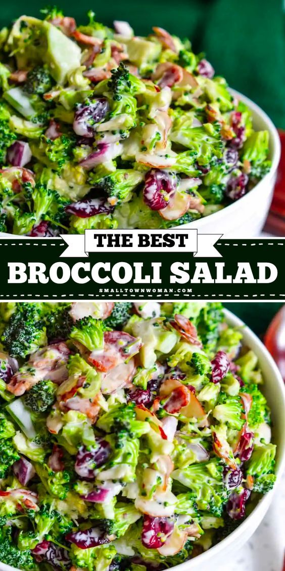 broccoli salad with dressing in two white bowls on a green tablecloth and text overlay that reads the best broccoli salad