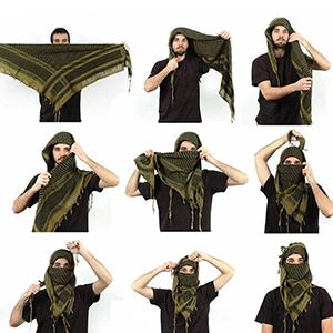 a man is wearing a scarf with many different ways to tie it