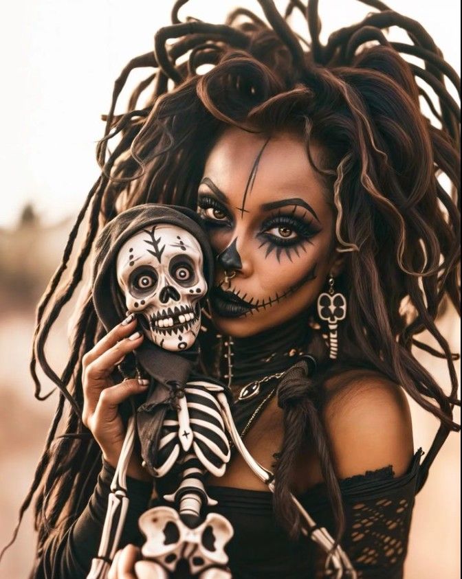 Voodoo Makeup Woman Halloween, Voodoo Family Costume, Witches Make Up For Women, Black Catrina Makeup, Voodoo Skull Makeup, Voodoo Witch Costume Halloween Makeup, Voodoo Make Up Halloween, Mexican Bruja Aesthetic, New Orleans Voodoo Costume