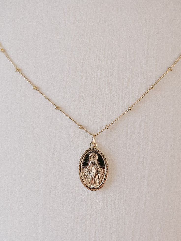 Gold Plated Jewelry With Miraculous Medal, Dainty Necklace With Miraculous Medal, Gold Miraculous Medal Necklace, Elegant Miraculous Medal Pendant Necklace, Yellow Gold Necklace With Miraculous Medal, Miraculous Medal Necklace, Hypoallergenic Jewelry, Blessed Mother Mary, Miraculous Medal