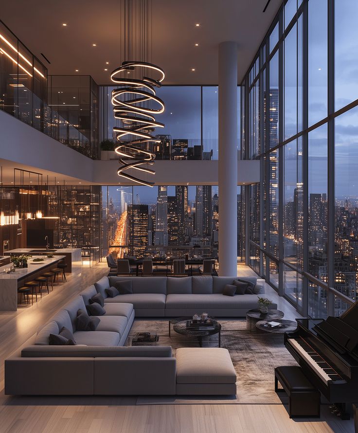 a living room filled with lots of furniture and tall buildings in the background at night