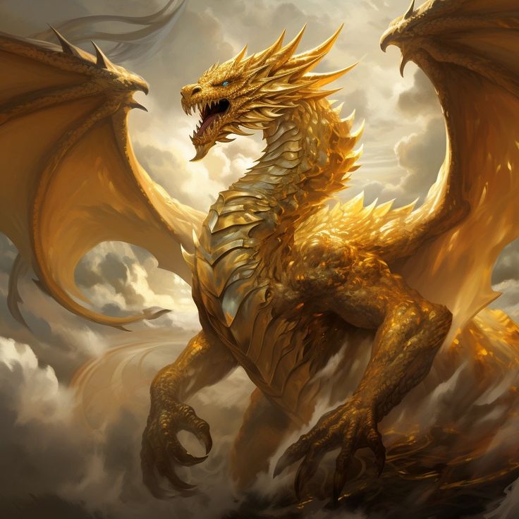 a golden dragon sitting on top of a cloud filled sky