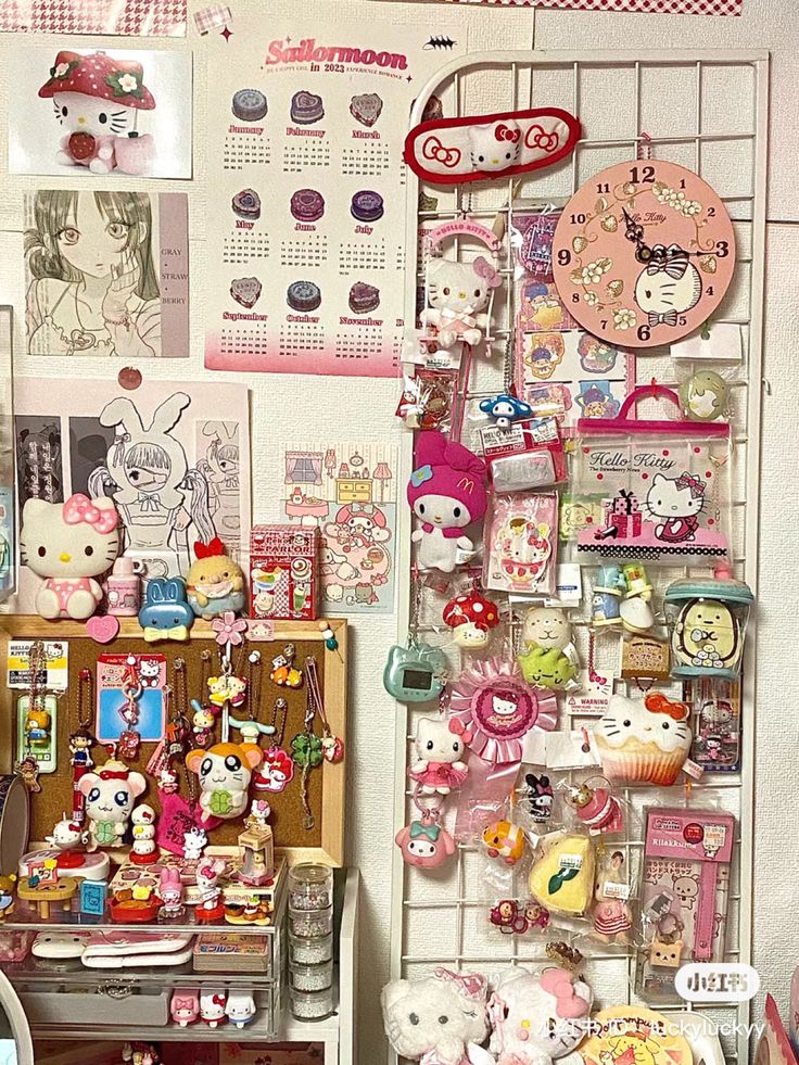 there are many hello kitty items on the wall