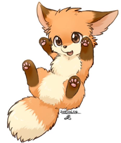 a drawing of a cute little fox sitting on its back with paws up and eyes wide open