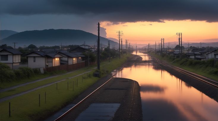 the sun is setting over some houses on the side of the road with water in front of them